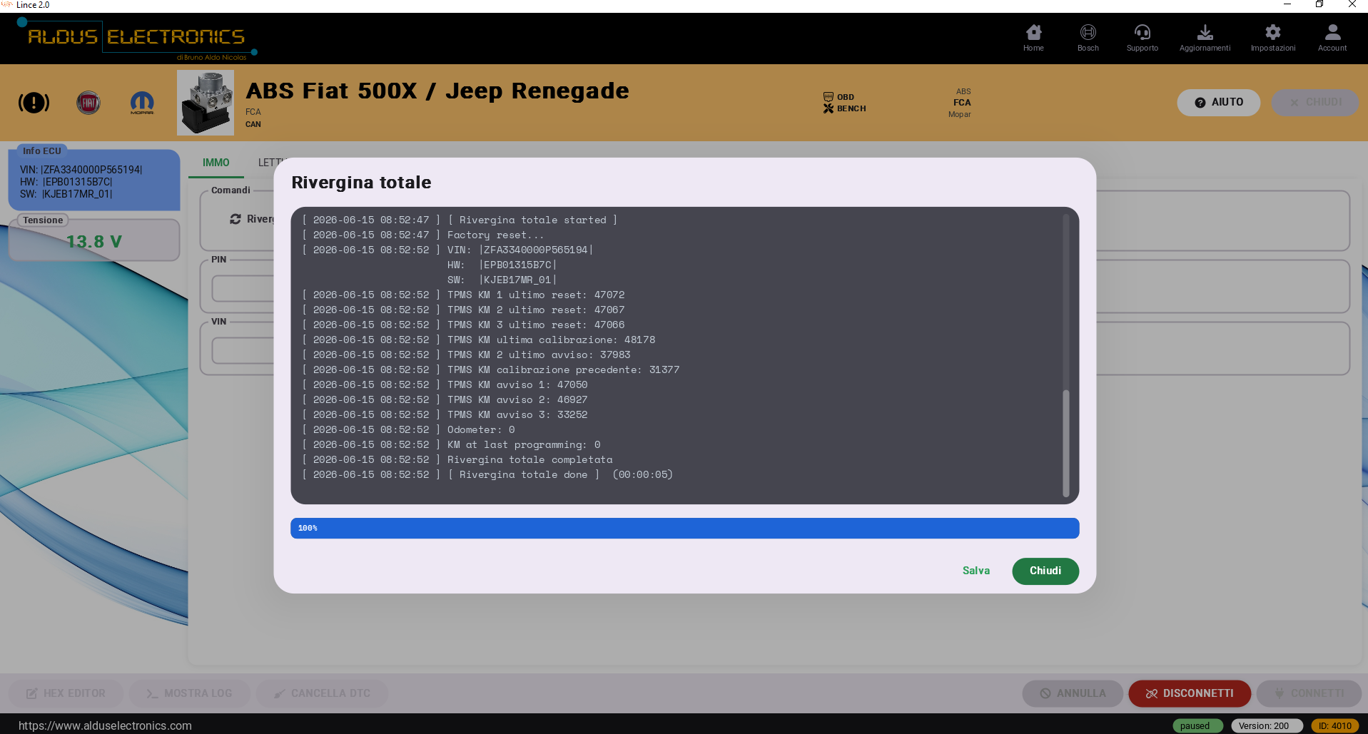 ABS Fiat 500X / Jeep Renegade reset odómetro principal con Lince