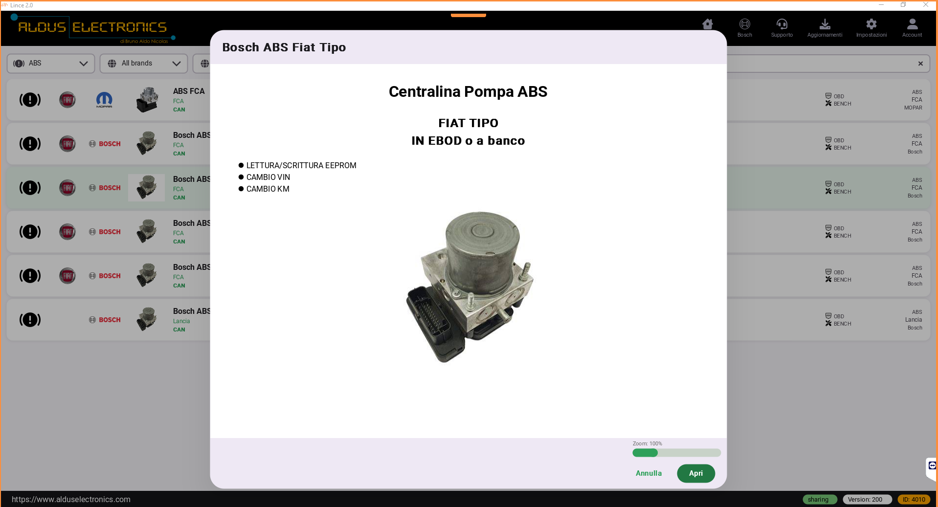 ABS Fiat Tipo schermata iniziale con Lince