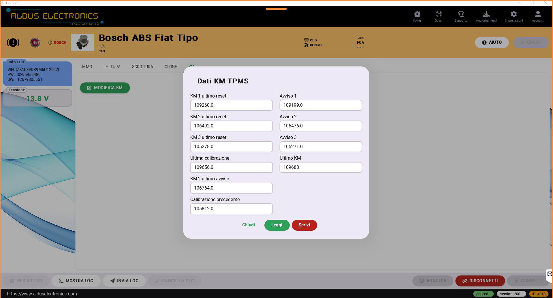 ABS Fiat Tipo modifica TPMS KM via OBD con Lince
