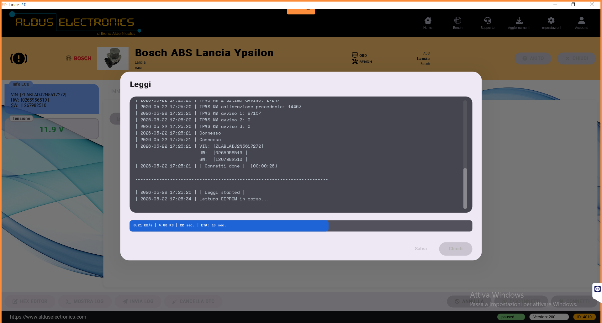 ABS Lancia Y Hybrid lettura EEPROM 95640 via OBD con Lince
