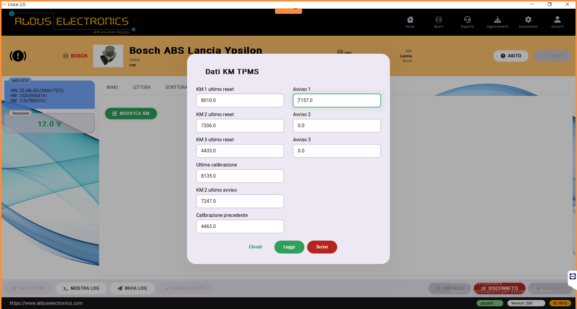 ABS Lancia Y Hybrid modifica TPMS KM via OBD con Lince