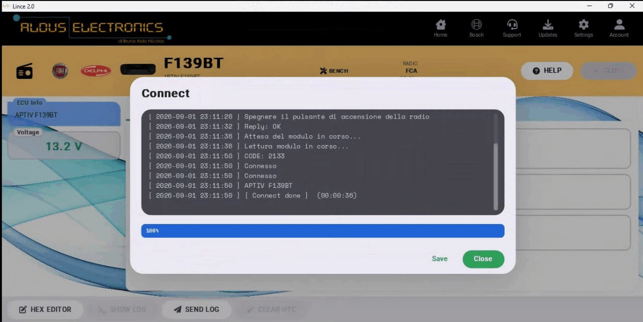 Lectura del código de radio APTIV F139BT en banco con Lince: el código aparece en el log