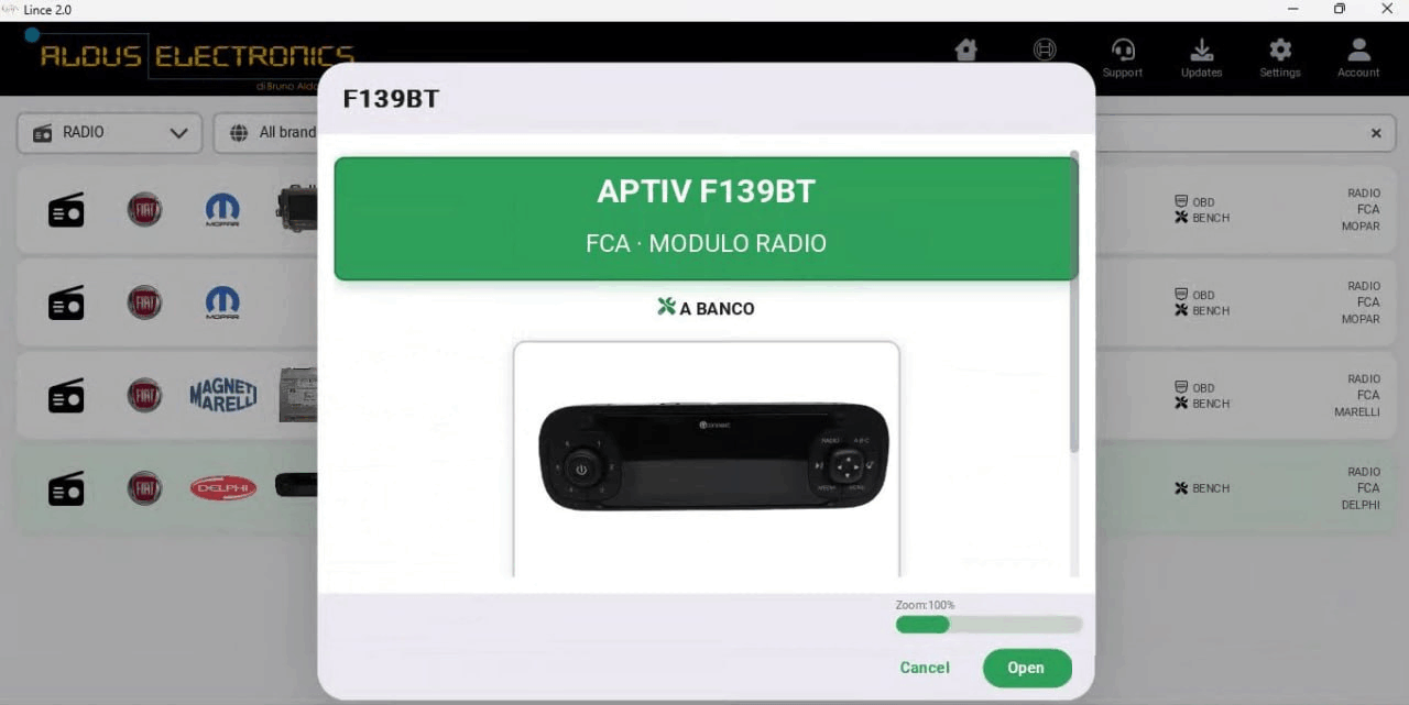 Ficha APTIV F139BT en la lista de radios de Lince: FCA, módulo de radio, modo en banco